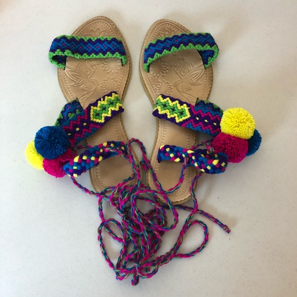 Katico Crochet Tie Up Pom Pom Sandals Pink Blue 6 - Picture 2 of 4